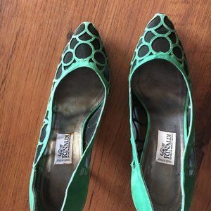 Rinaldi green suede scroll heels
